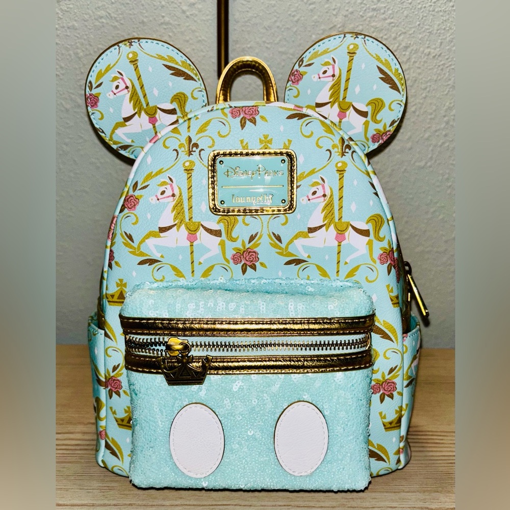 Disney Parks Loungefly Mickey's Main Attraction King Arthur Carousel Backpack LE
